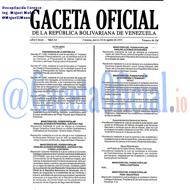 Gaceta Oficial 40728 del 20 AGOSTO 2015