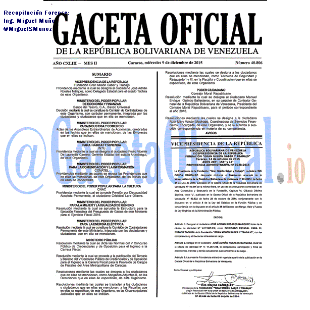 Gaceta Oficial 40806 del 9 diciembre 2015
