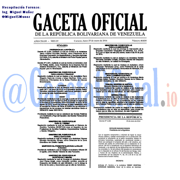Gaceta Oficial 40835 del 25 enero 2016
