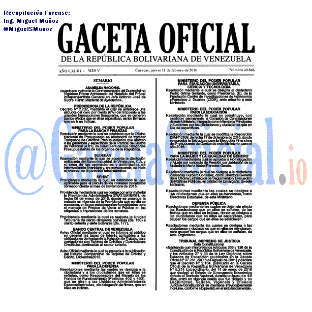Gaceta Oficial 40846 del 11 febrero 2016