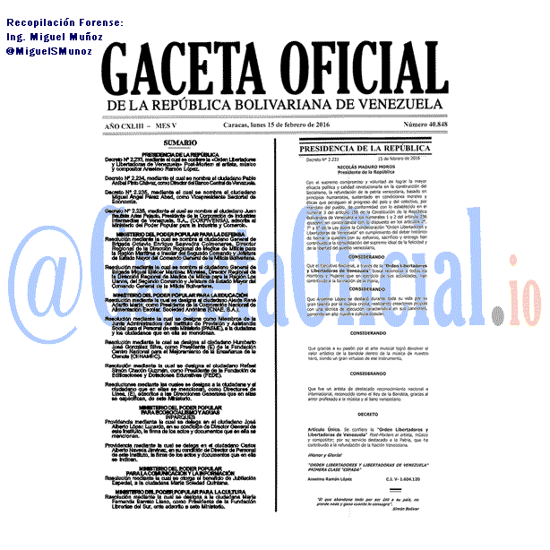 Gaceta Oficial 40848 del 15 febrero 2016