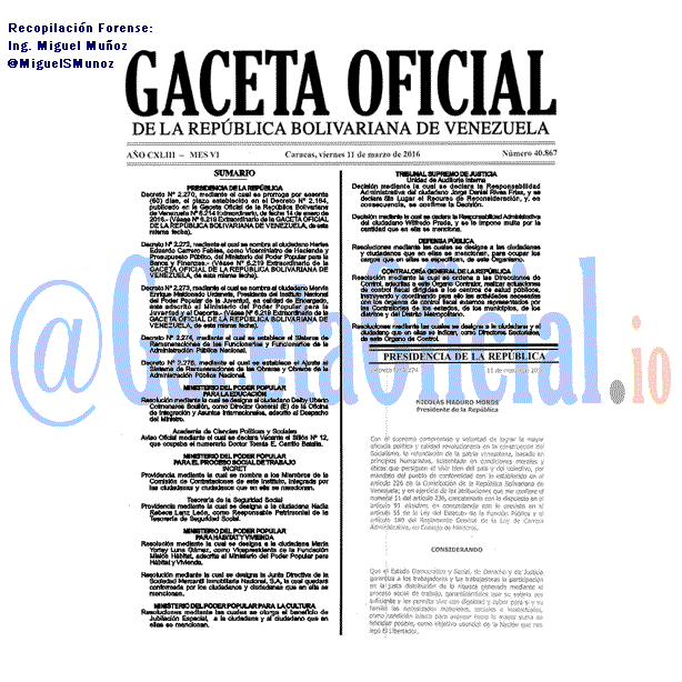 Gaceta Oficial 40867 del 11 marzo 2016