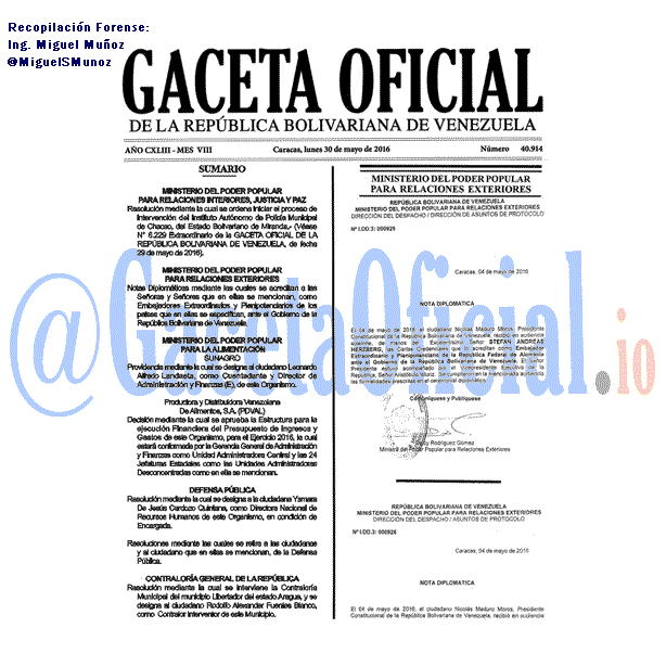 Gaceta Oficial 40914 del 30 mayo 2016