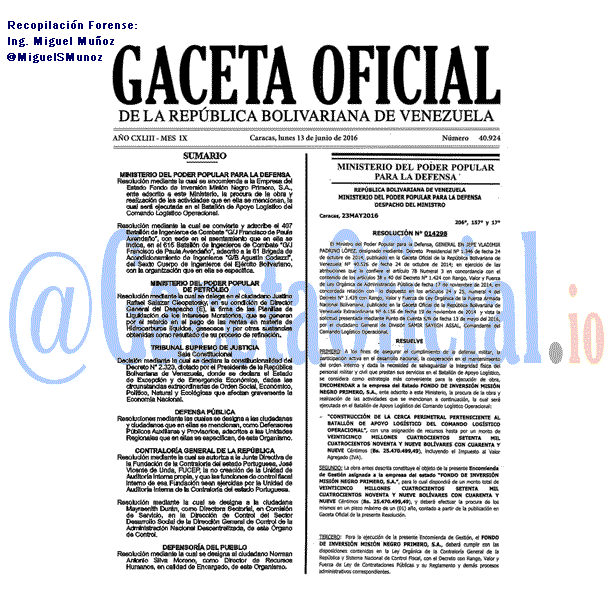 Gaceta Oficial 40924 del 13 junio 2016
