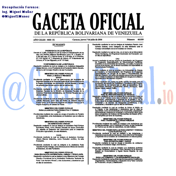 Gaceta Oficial 40939 del 7 julio 2016