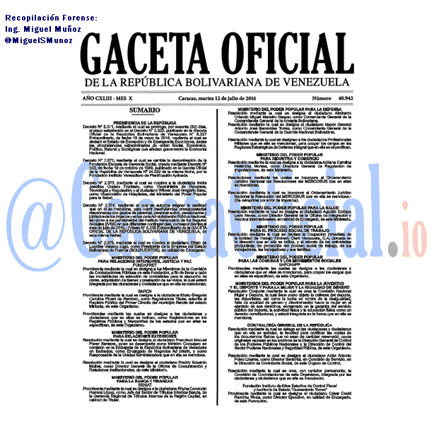 Gaceta Oficial 40942 del 12 julio 2016