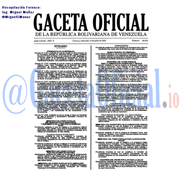Gaceta Oficial 40943 del 13 julio 2016