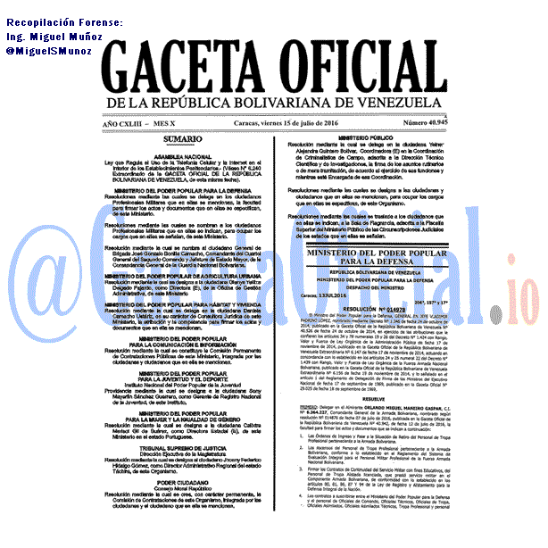 Gaceta Oficial 40945 del 15 julio 2016