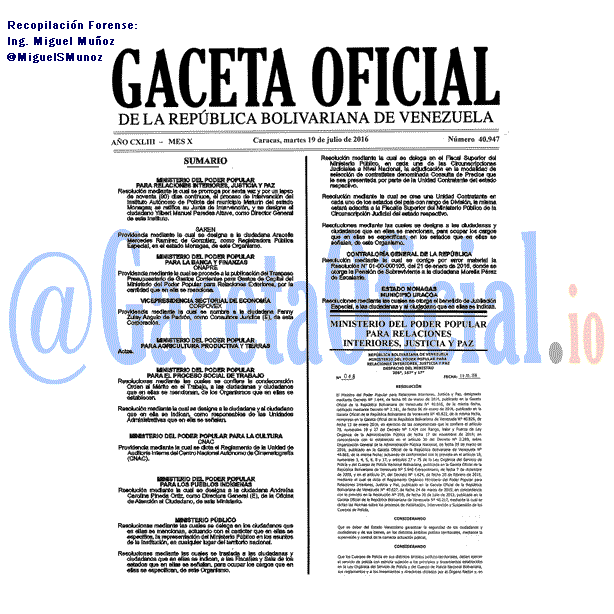 Gaceta Oficial 40947 del 19 julio 2016