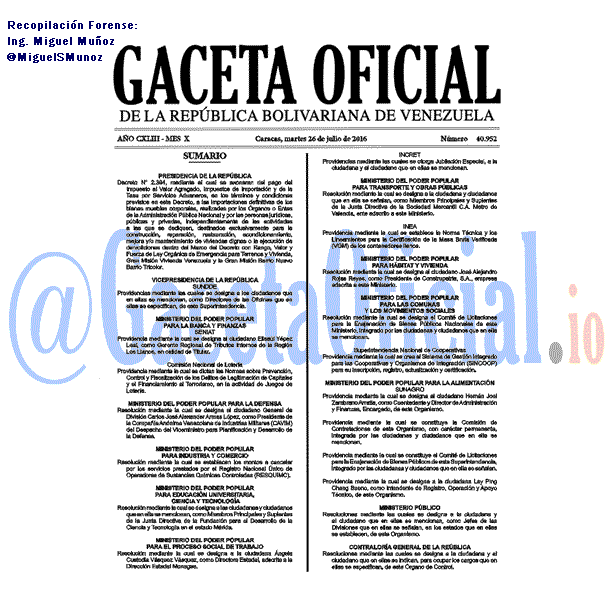 Gaceta Oficial 40952 del 26 julio 2016