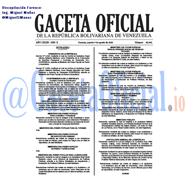 Gaceta Oficial 40962 del 9 agosto 2016