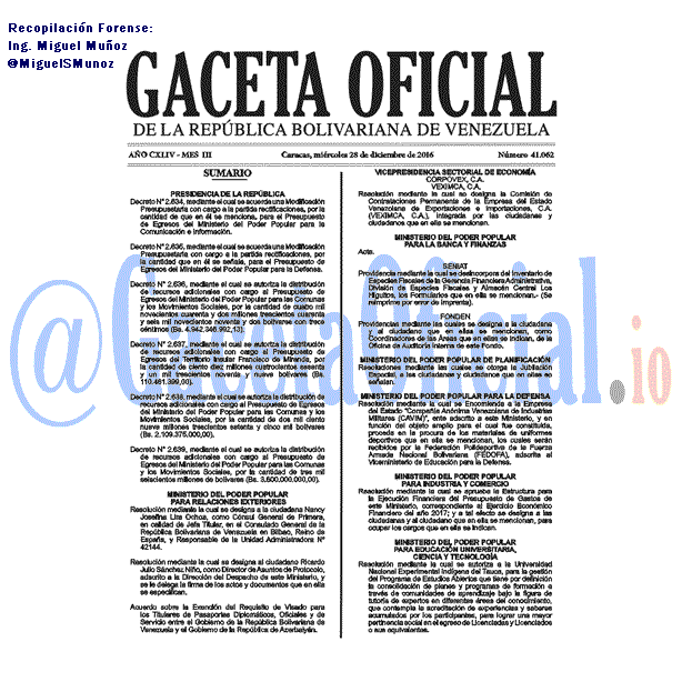 Gaceta Oficial 41062 del 28 diciembre 2016 Gaceta Oficial 41062 del 28 diciembre 2016