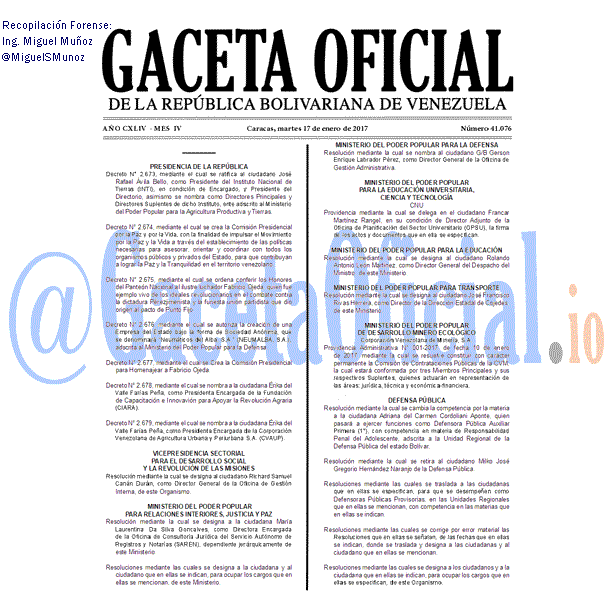 Gaceta Oficial 41076 del 17 enero 2017