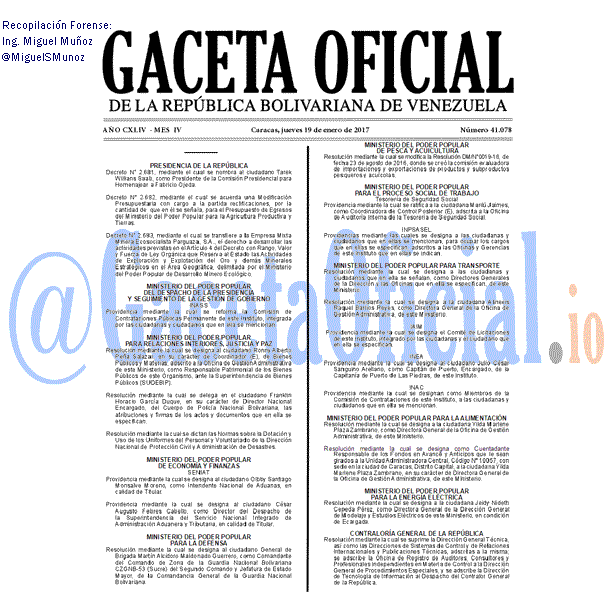 Gaceta Oficial 41078 del 19 enero 2017