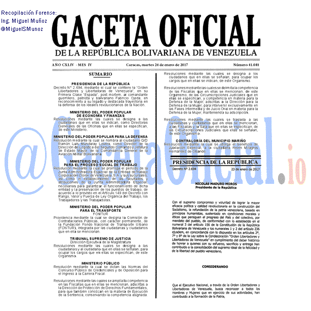 Gaceta Oficial 41081 del 24 enero 2017 Gaceta Oficial 41081 del 24 enero 2017