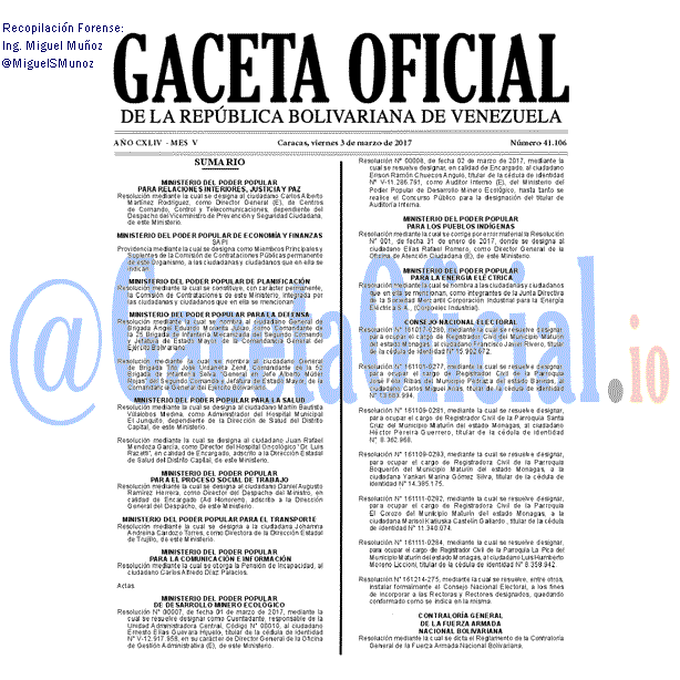 Gaceta Oficial 41106 del 3 marzo 2017 Gaceta Oficial 41106 del 3 marzo 2017