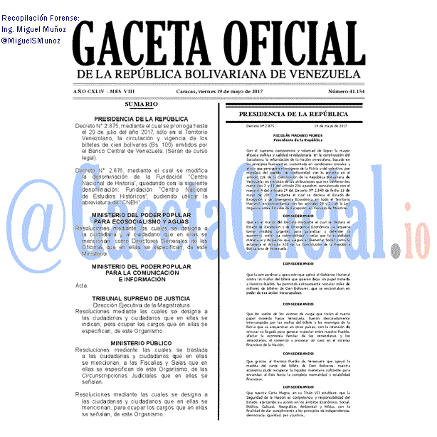 Gaceta Oficial 41154 del 19 mayo 2017 Gaceta Oficial 41154 del 19 mayo 2017