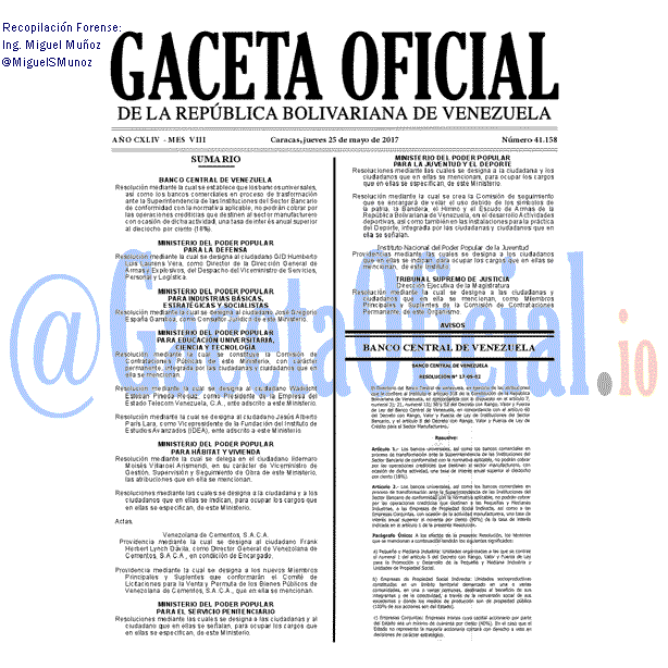 Gaceta Oficial 41158 del 25 mayo 2017 Gaceta Oficial 41158 del 25 mayo 2017