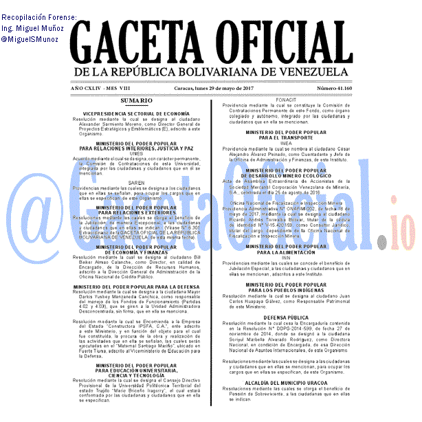 Gaceta Oficial 41160 del 29 mayo 2017 Gaceta Oficial 41160 del 29 mayo 2017