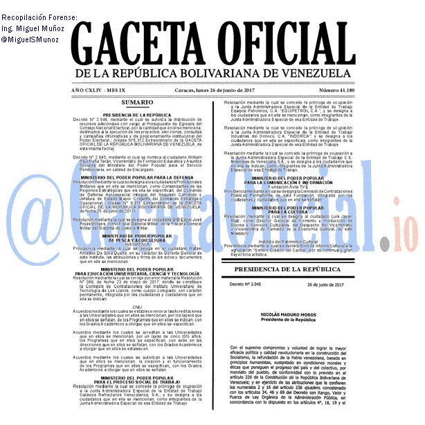 Gaceta Oficial 41180 del 26 junio 2017