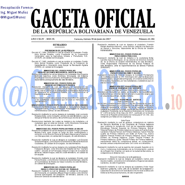 Gaceta Oficial 41184 del 30 junio 2017