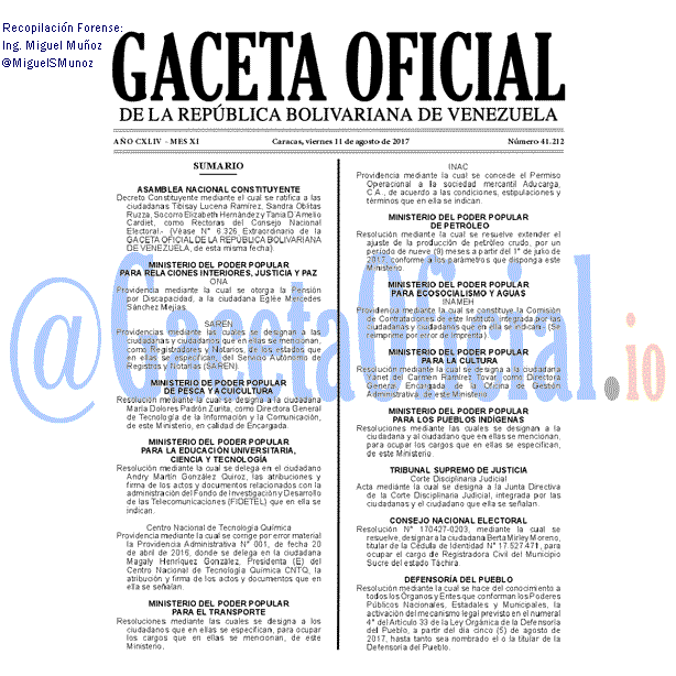 Gaceta Oficial 41212 del 11 agosto 2017