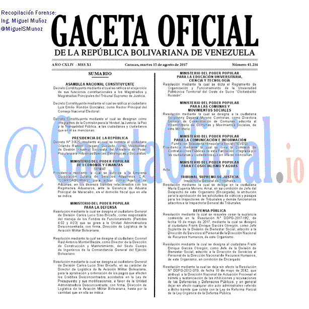 Gaceta Oficial 41214 del 15 agosto 2017