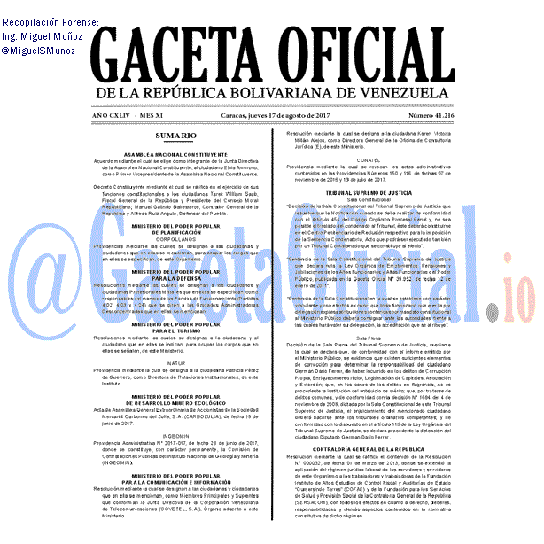 Gaceta Oficial 41216 del 17 agosto 2017 Gaceta Oficial 41216 del 17 agosto 2017