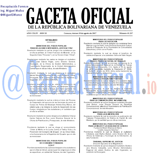 Gaceta Oficial 41217 del 18 agosto 2017