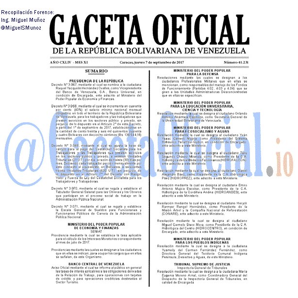 Gaceta Oficial 41231 del 7 septiembre 2017 Gaceta Oficial 41231 del 7 septiembre 2017