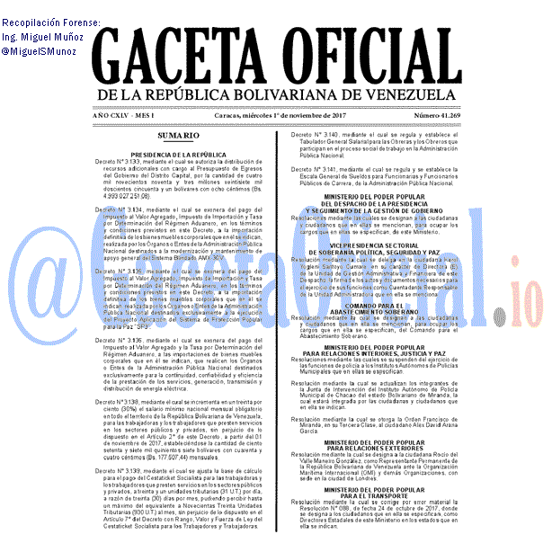 Gaceta Oficial 41269 del 1 noviembre 2017 Gaceta Oficial 41269 del 1 noviembre 2017