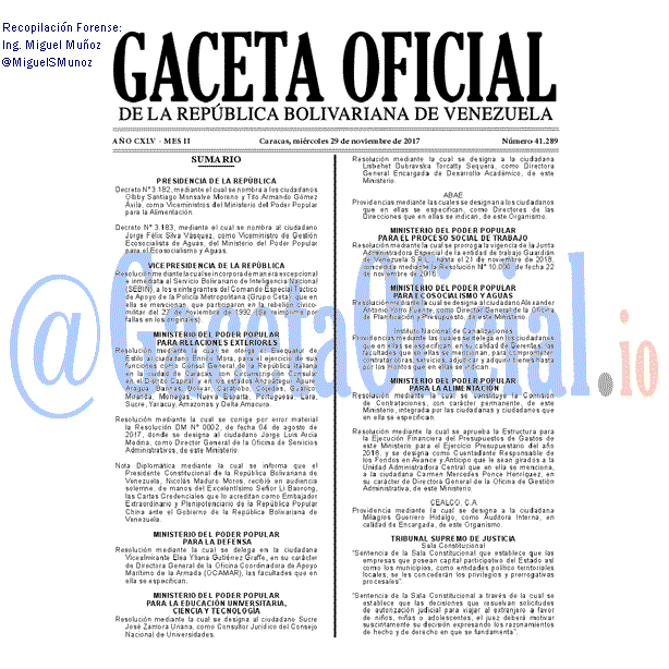 Gaceta Oficial 41289 del 29 noviembre 2017 Gaceta Oficial 41289 del 29 noviembre 2017