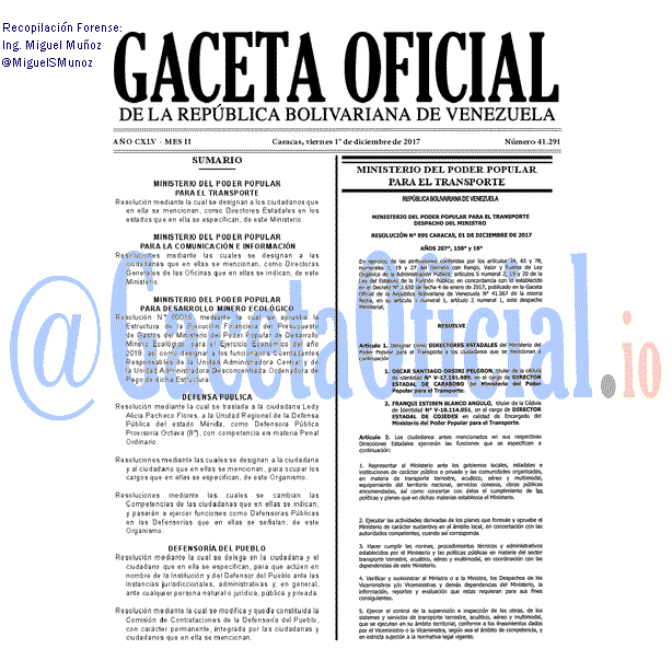 Gaceta Oficial 41291 del 1 diciembre 2017 Gaceta Oficial 41291 del 1 diciembre 2017