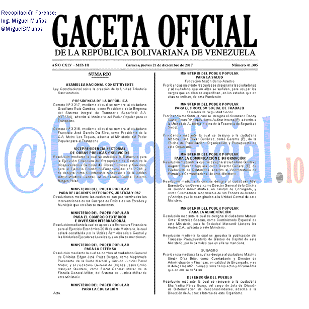 Gaceta Oficial 41305 del 21 diciembre 2017 Gaceta Oficial 41301 del 21 diciembre 2017