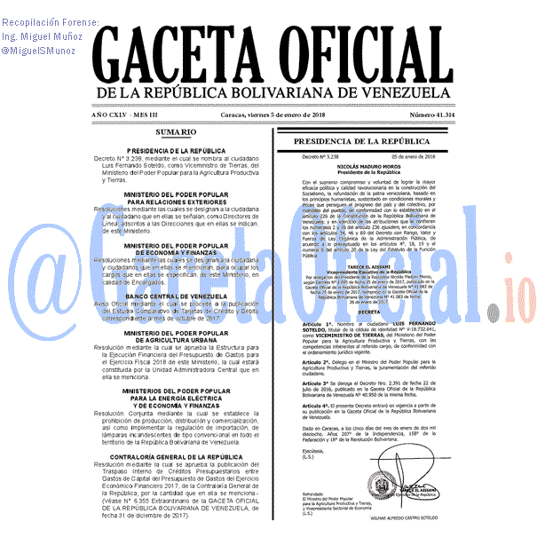 Gaceta Oficial 41314 del 5 enero 2018 Gaceta Oficial 41314 del 5 enero 2018