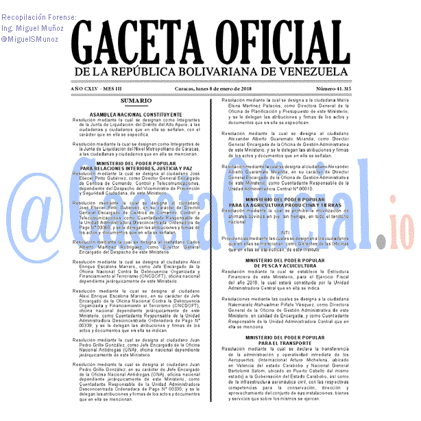 Gaceta Oficial 41315 del 8 enero 2018 Gaceta Oficial 41315 del 8 enero 2018