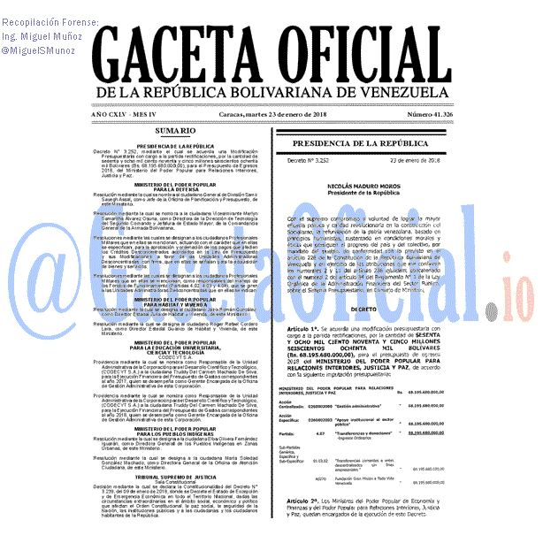 Gaceta Oficial 41326 del 23 enero 2018