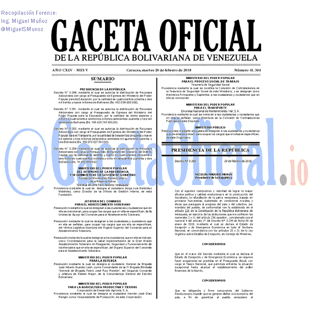 Gaceta Oficial 41344 del 20 Febrero 2018 Gaceta Oficial 41344 del 20 Febrero 2018