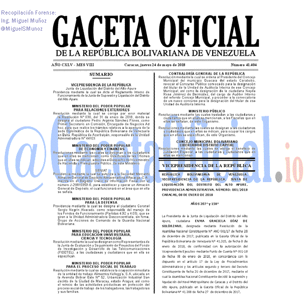 Gaceta Oficial 41404 del 24 mayo 2018 Gaceta Oficial 41404 del 24 mayo 2018