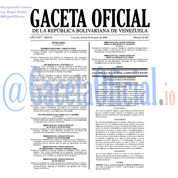 Gaceta Oficial 41422 del 19 junio 2018 Gaceta Oficial 41422 del 19 junio 2018