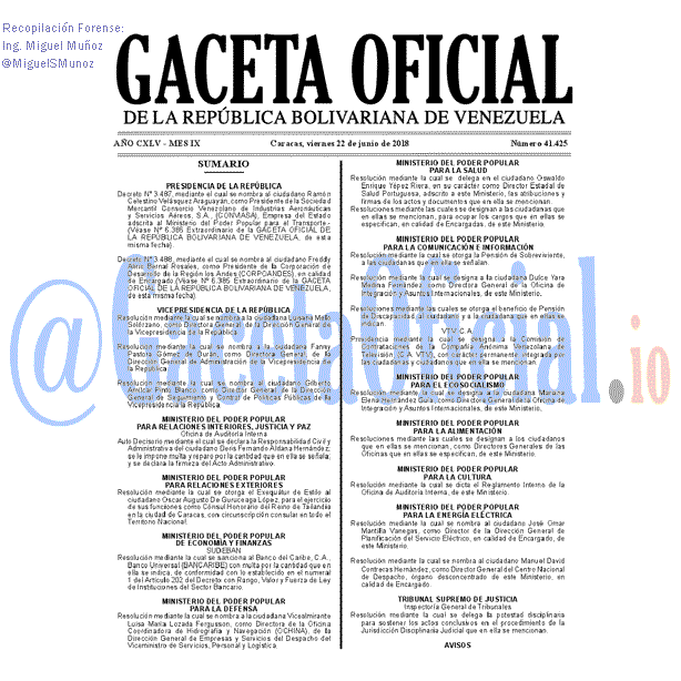 Gaceta Oficial 41425 del 22 junio 2018 Gaceta Oficial 41425 del 22 junio 2018