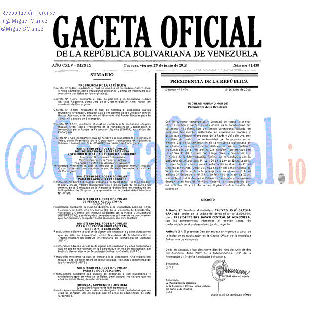 Gaceta Oficial 41430 del 29 junio 2018