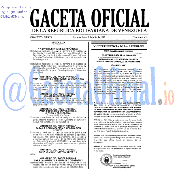 Gaceta Oficial 41431 del 2 julio 2018 Gaceta Oficial 41431 del 2 julio 2018