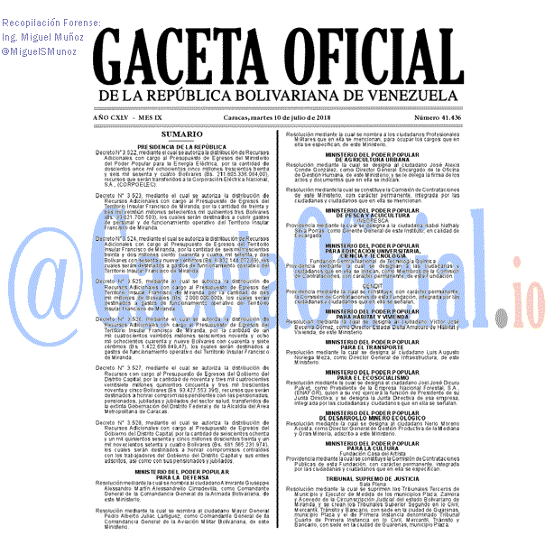 Gaceta Oficial 41436 del 10 julio 2018 Gaceta Oficial 41436 del 19 julio 2018