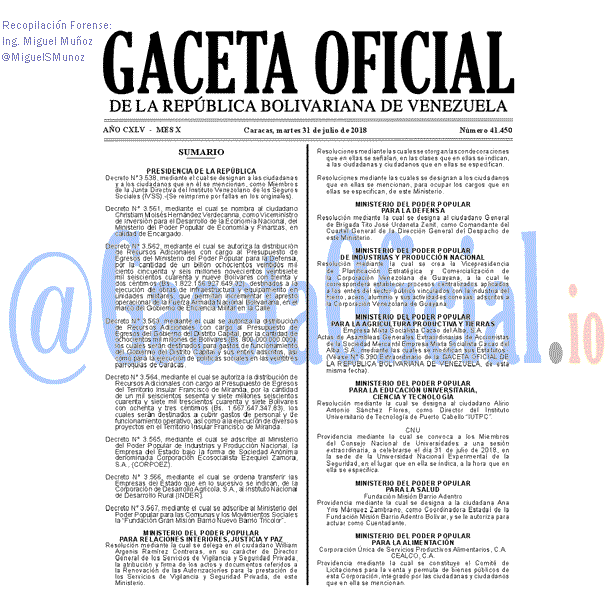 Gaceta Oficial 41450 del 31 julio 2018
