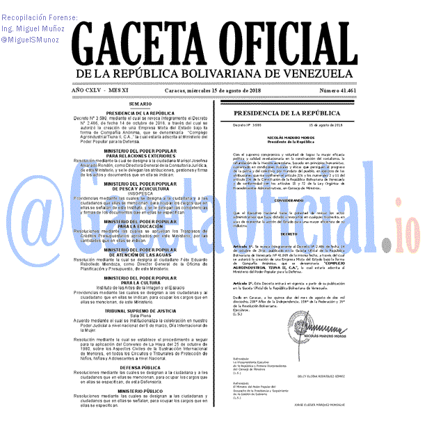 Gaceta Oficial 41461 del 15 Agosto 2018 Gaceta Oficial 41461 del 15 Agosto 2018
