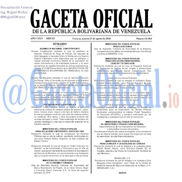 Gaceta Oficial 41464 del 21 Agosto 2018 Gaceta Oficial 41464 del 21 Agosto 2018