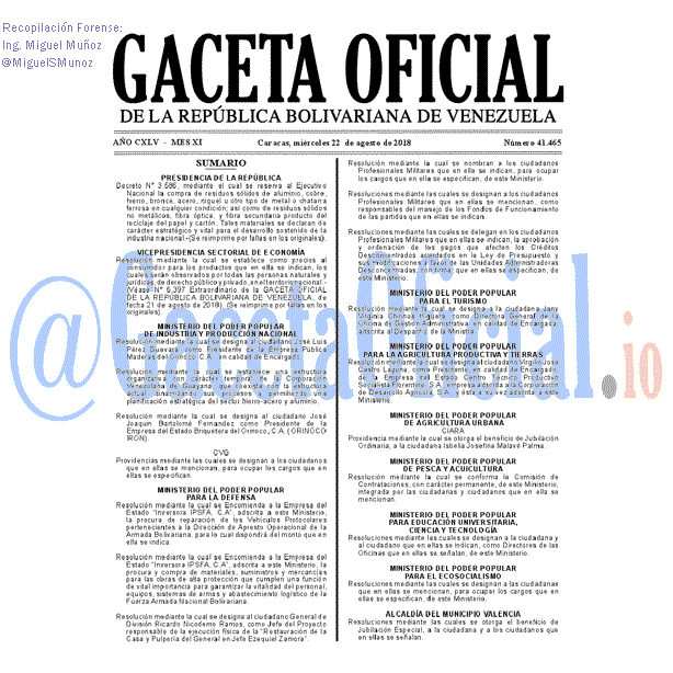 Gaceta Oficial 41465 del 22 Agosto 2018 Gaceta Oficial 41465 del 22 Agosto 2018