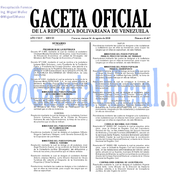 Gaceta Oficial 41467 del 24 Agosto 2018 Gaceta Oficial 41467 del 24 Agosto 2018