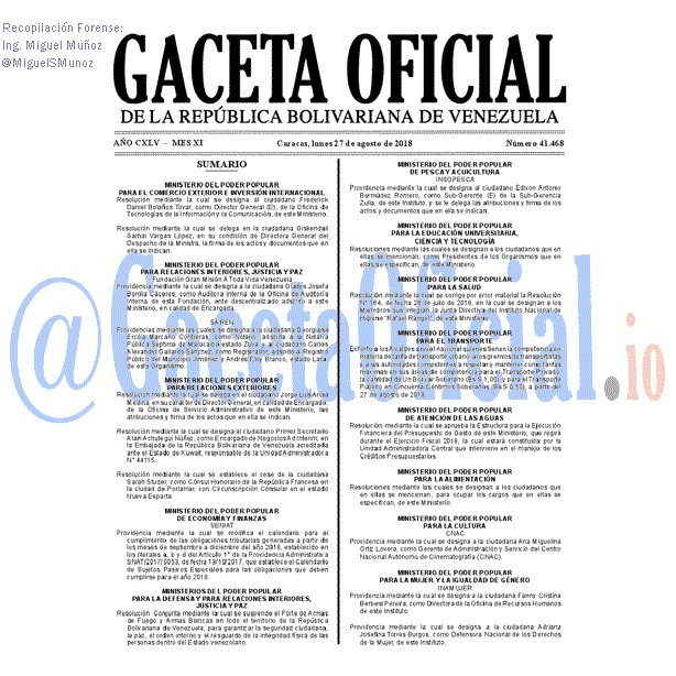 Gaceta Oficial 41468 del 27 agosto 2018 Gaceta Oficial 41468 del 27 agosto 2018